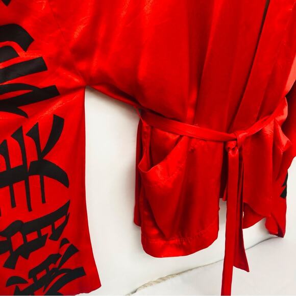 Alambic Red Asian Inspired Loungewear Set Pants and Open Front Tie Waist Robe - Picture 5 of 16
